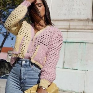 ZARA eyelet chunky knit oversized cardigan with jewel buttons